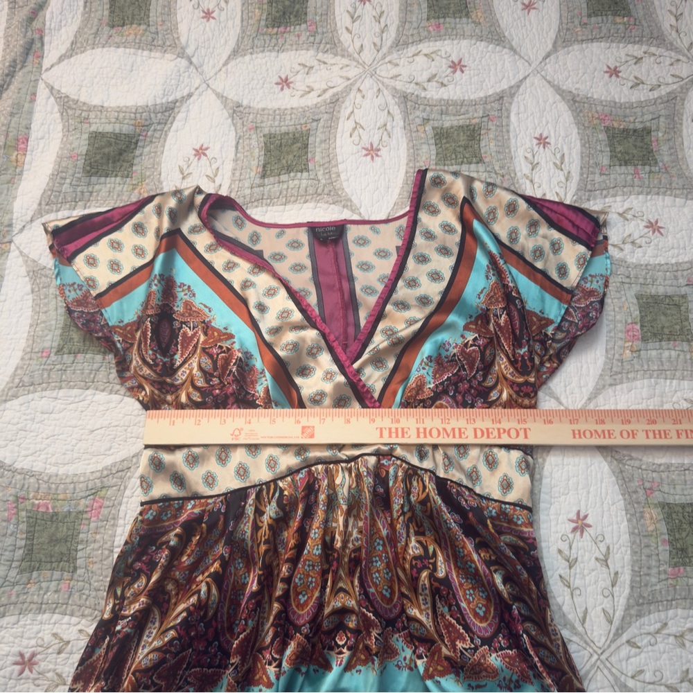 Nicole Scarf Print Paisley Babydoll Tunic Top M Boho V Neck Cap Sleeve - Picture 7 of 8